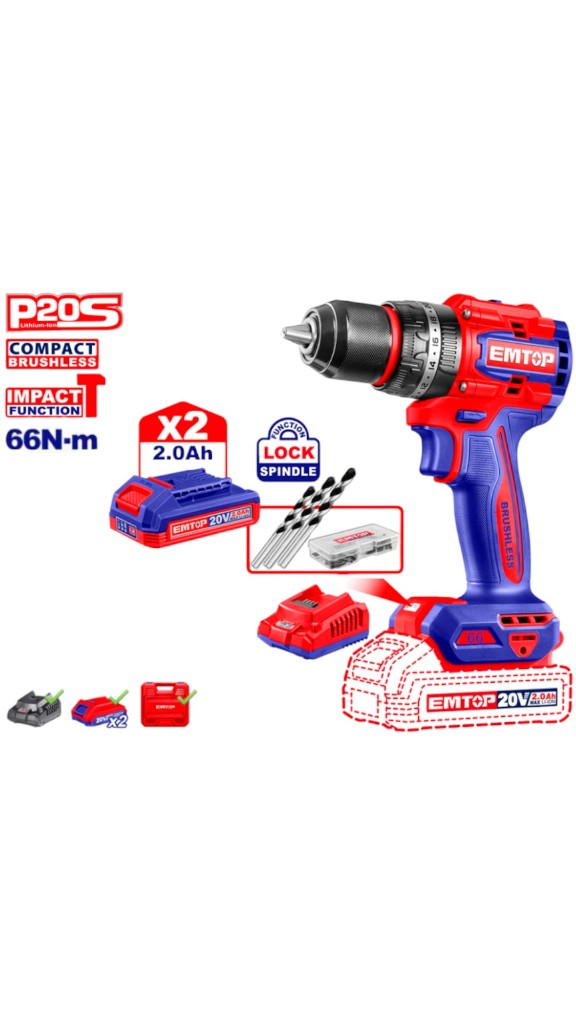 TALADRO PERCUTOR BATERIA EMTOP 66NM